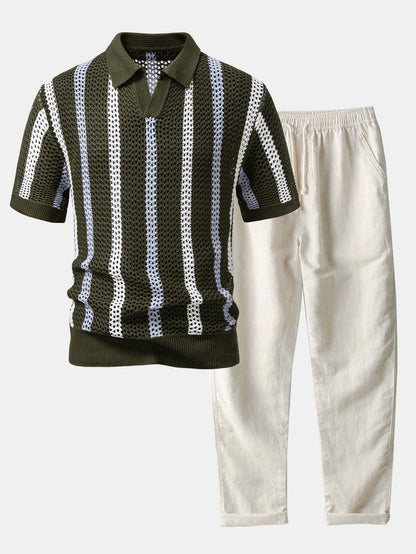 Sevanno | Crochet Polo & Straight Linen Trousers